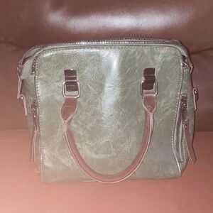 Elegant Olive Satchel with Brown Trim